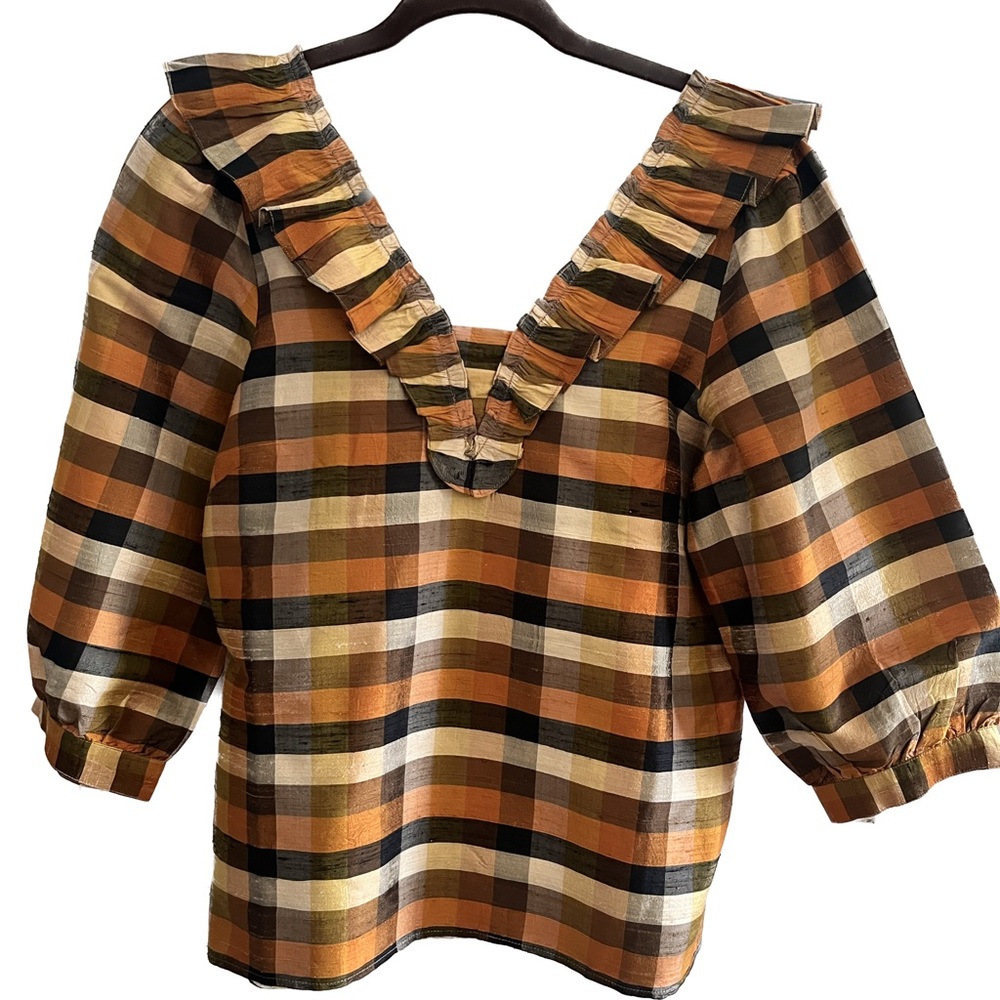 Orange striped v neck Sezane blouse with ruffles